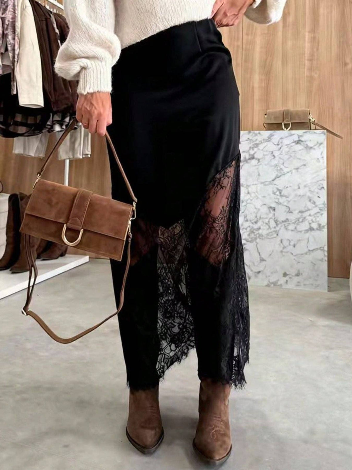 Suhkasana - Women Satin Lace Patchwork Midi Skirt Bodycon