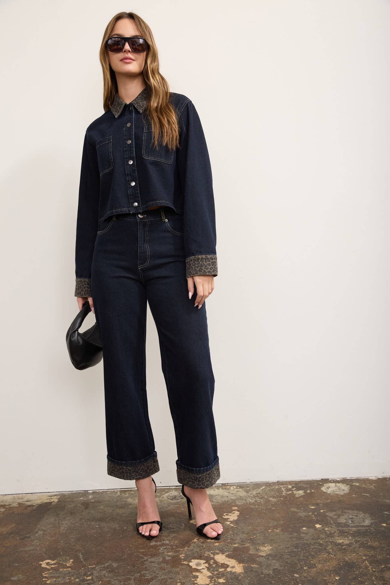LEOPARD CUFF DETAIL WIDE LEG DENIM JEANS