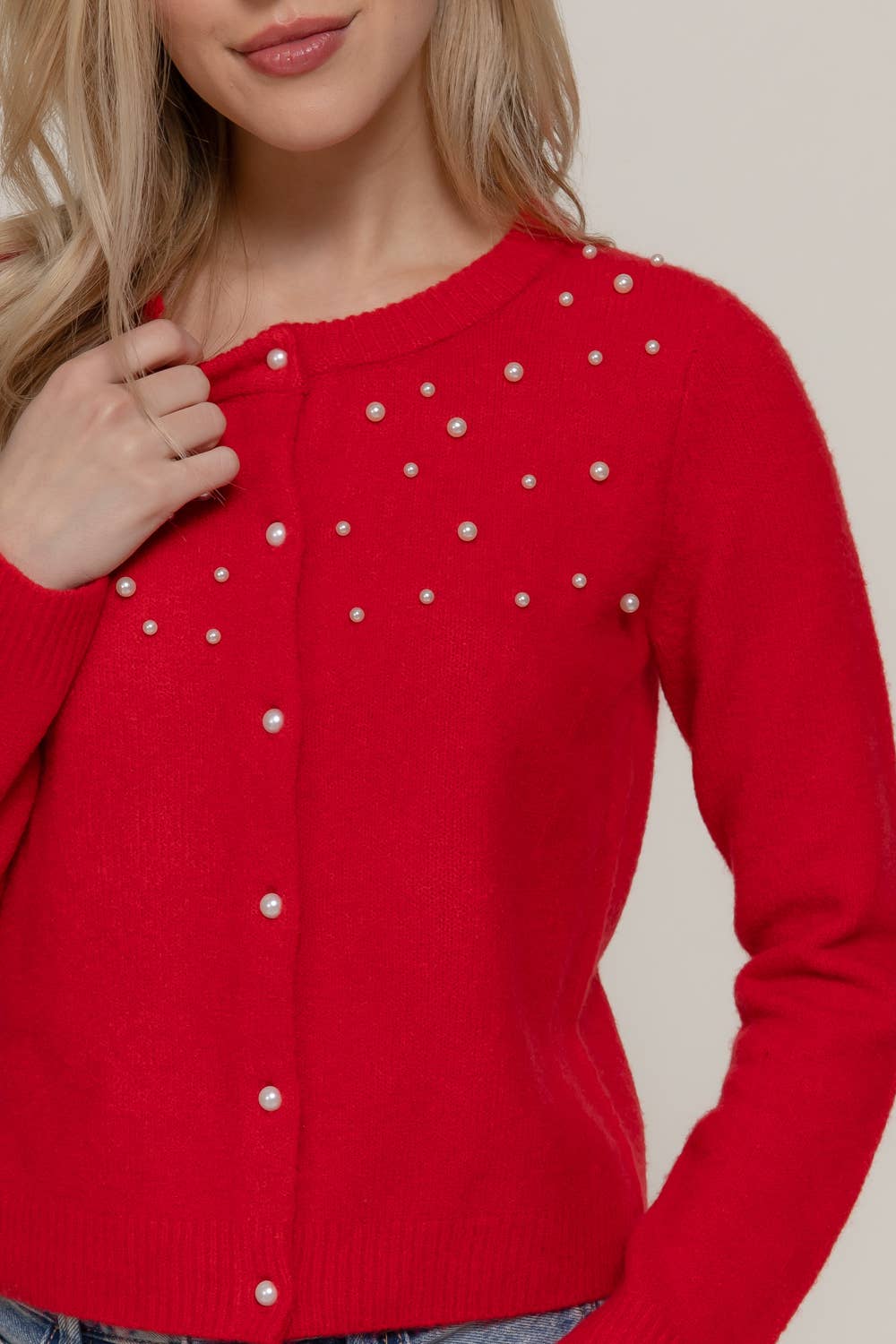 Active Basic | Active USA - Long Sleeve Round Neck Pearl Embellished Sweater Cardigan