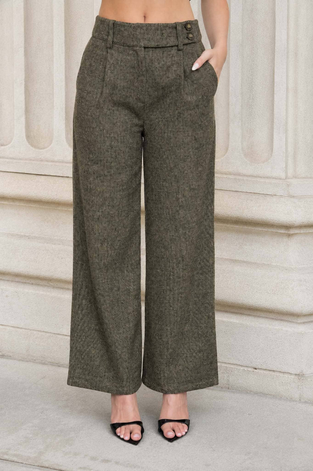HIGH WAIST PLEATED WIDE LEG TWEED PANTS
