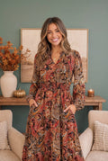 Paisley Print Long Sleeve Midi Dress