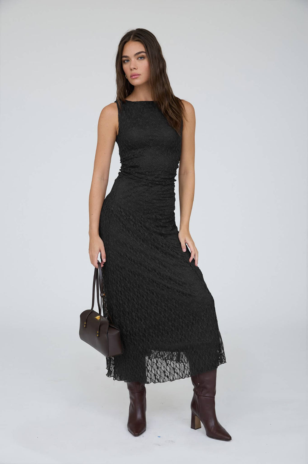 LACE RUCHED DETAIL TANK MIDI DRESS