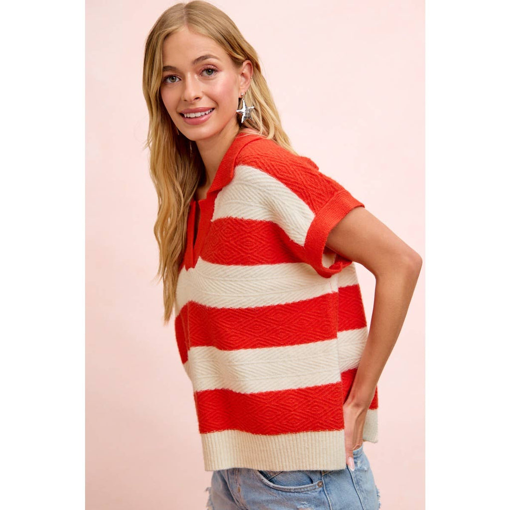 BiBi - TEXTURED STRIPE V NECKLINE RELAXED FIT KNIT TOP