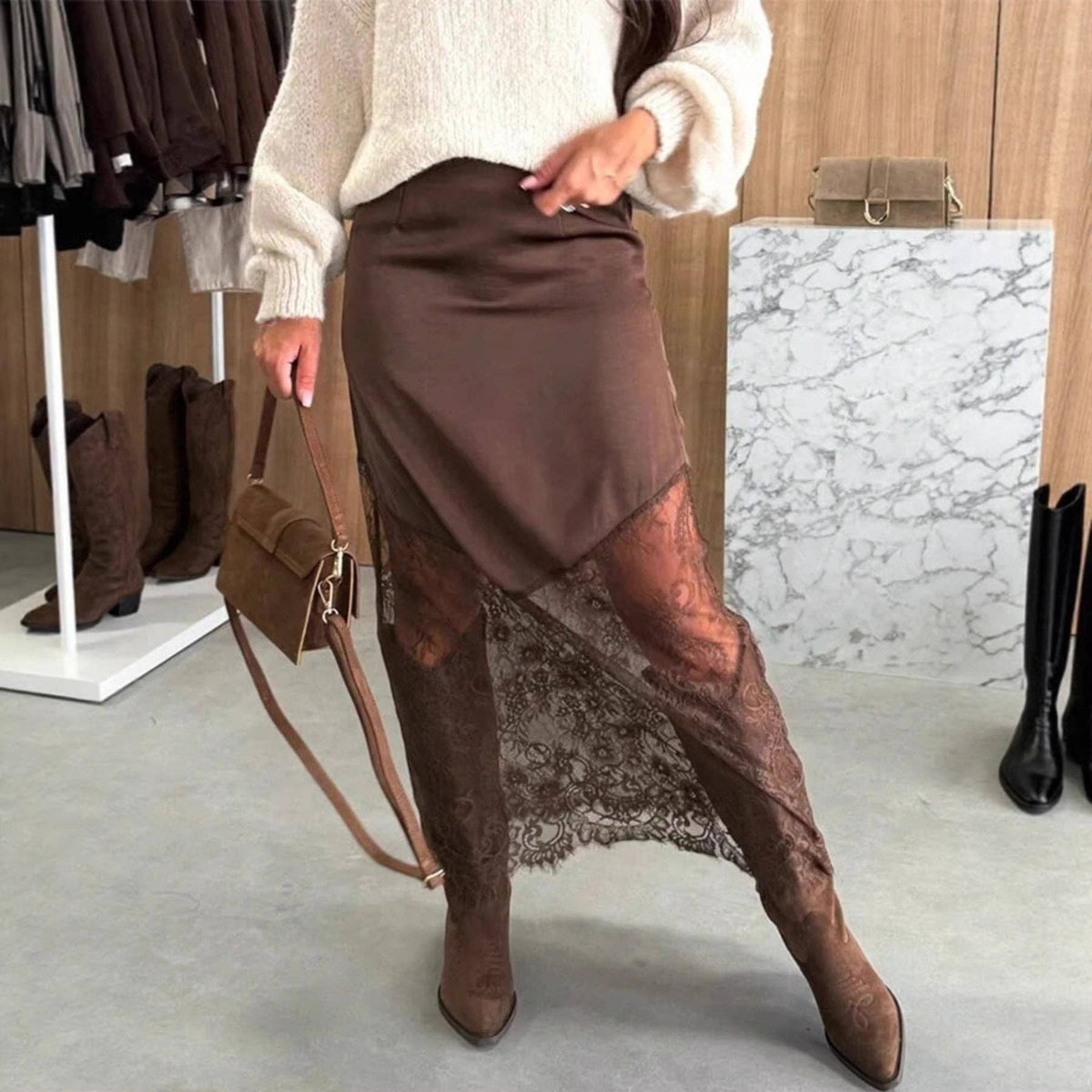 Suhkasana - Women Satin Lace Patchwork Midi Skirt Bodycon