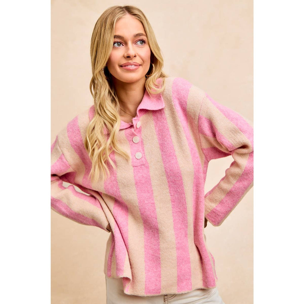 BiBi - STRIPED SWEATER TOP WITH FRONT BUTTONED
