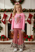 Kids Charm Online - Santa printed on pink long sleeve top and animal printed bottoms w/green ruffle plaid. OFG62999 MON
