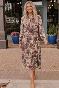 Floral Tie Neck Long Sleeve Midi Dress