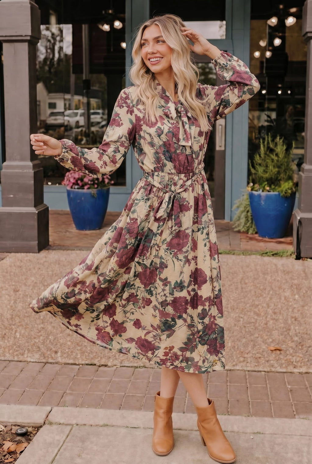 Floral Tie Neck Long Sleeve Midi Dress