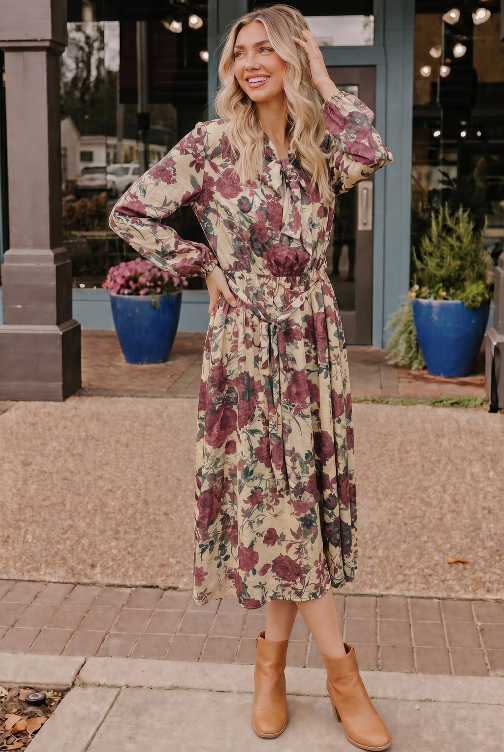 Floral Tie Neck Long Sleeve Midi Dress