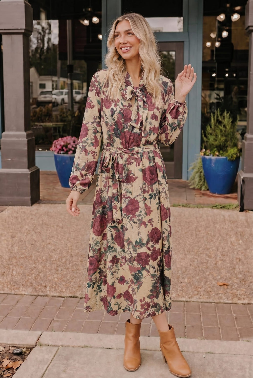 Floral Tie Neck Long Sleeve Midi Dress