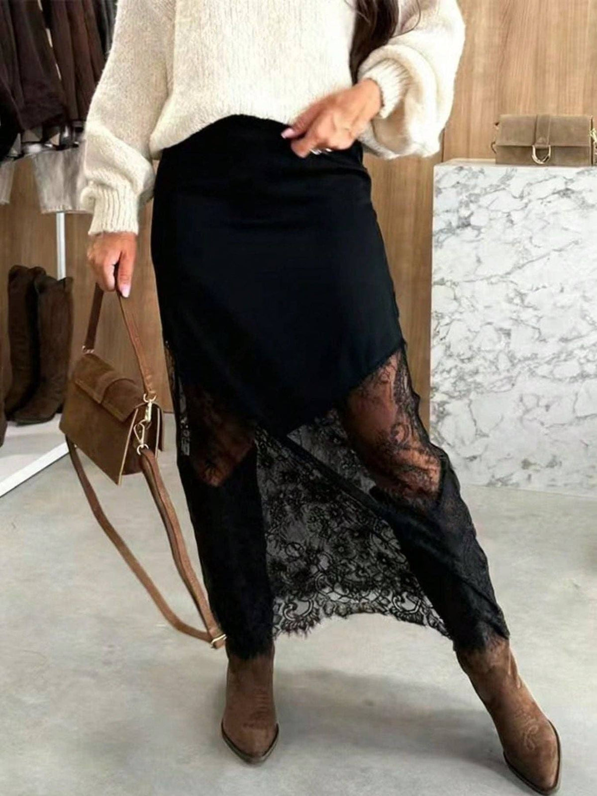 Suhkasana - Women Satin Lace Patchwork Midi Skirt Bodycon
