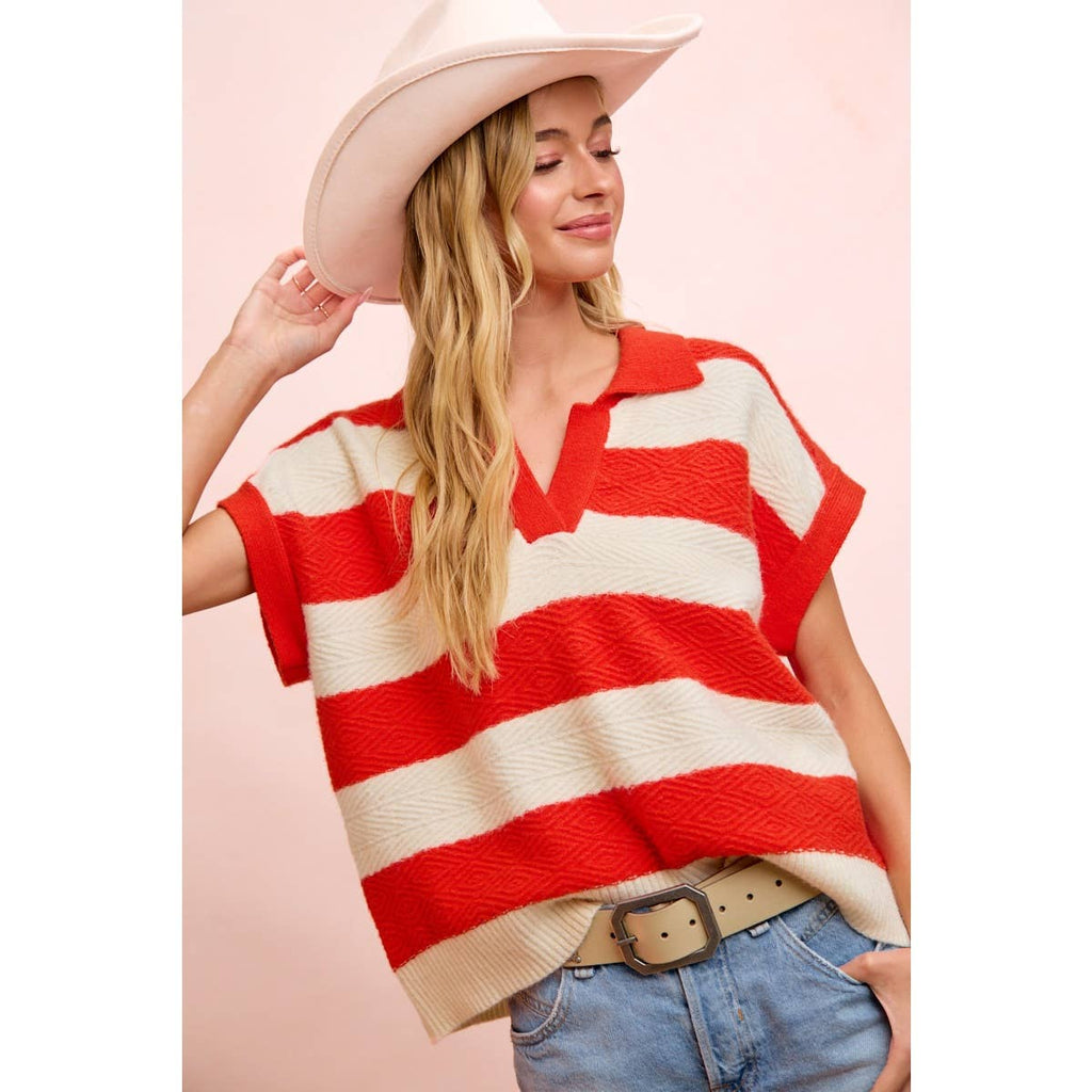 BiBi - TEXTURED STRIPE V NECKLINE RELAXED FIT KNIT TOP