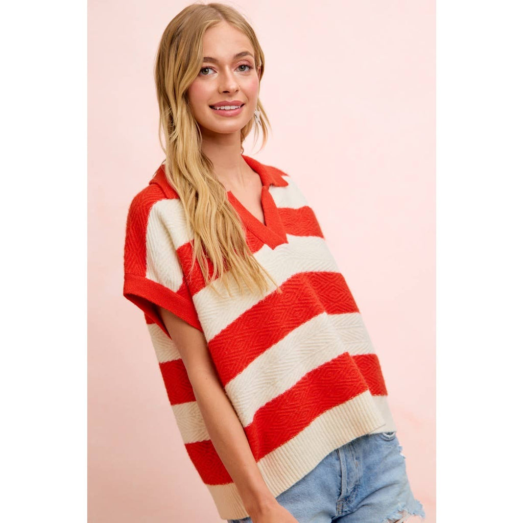 BiBi - TEXTURED STRIPE V NECKLINE RELAXED FIT KNIT TOP