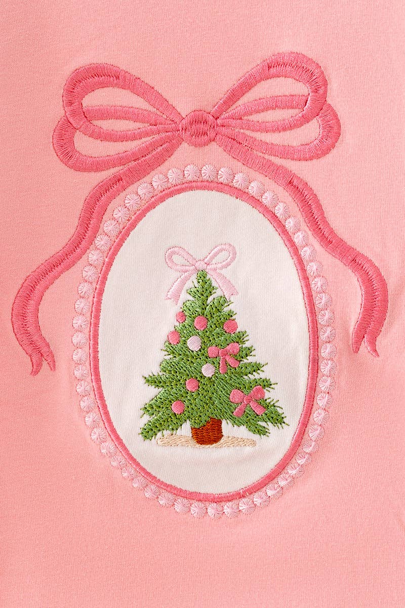 Kids Charm Online - Embroidered bow and Christmas tree on the top and olive green bottoms. OFG63022 AMY