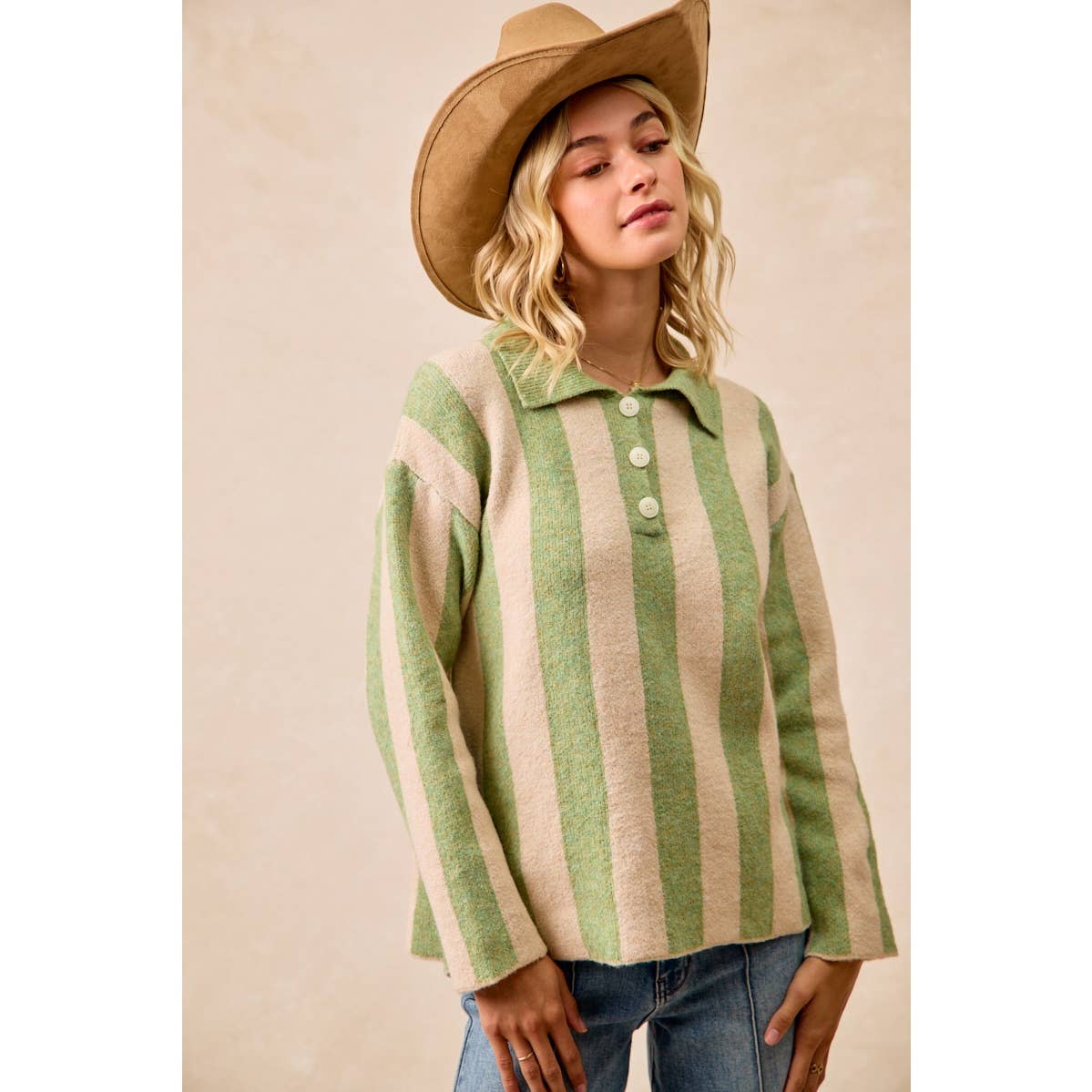 BiBi - STRIPED SWEATER TOP WITH FRONT BUTTONED