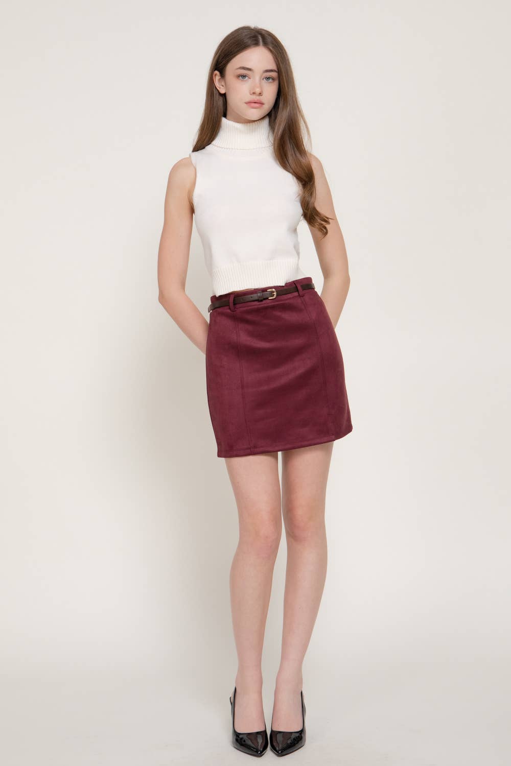 Active Basic | Active USA - Belted Faux Suede Mini Skirt