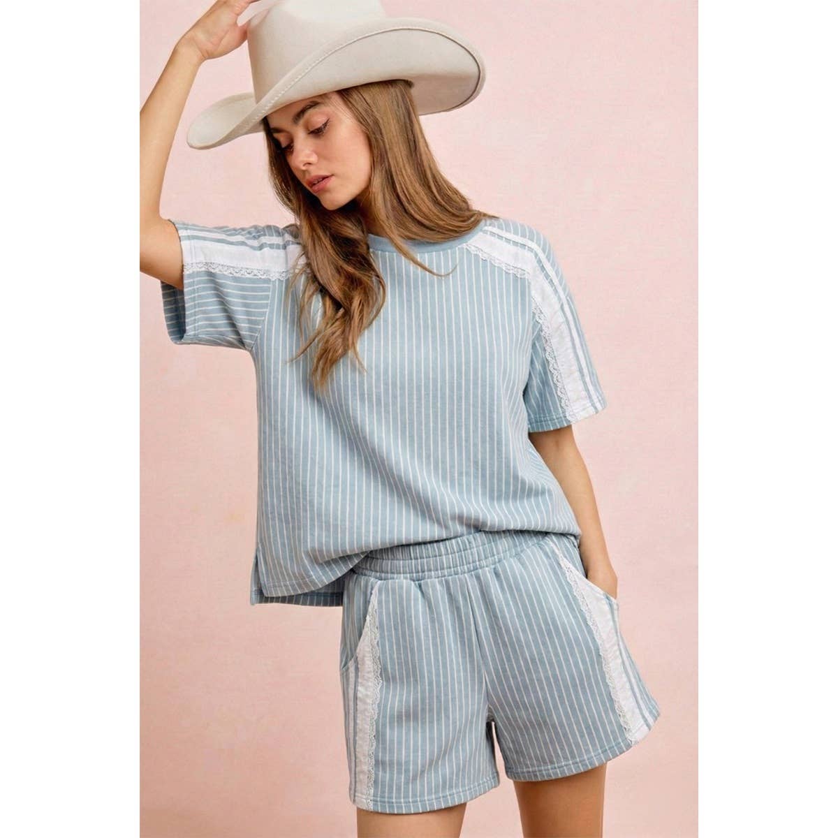 BiBi - STRIPES DENIM LACE CONTRAST SHORT SWEATSHIRT TOP