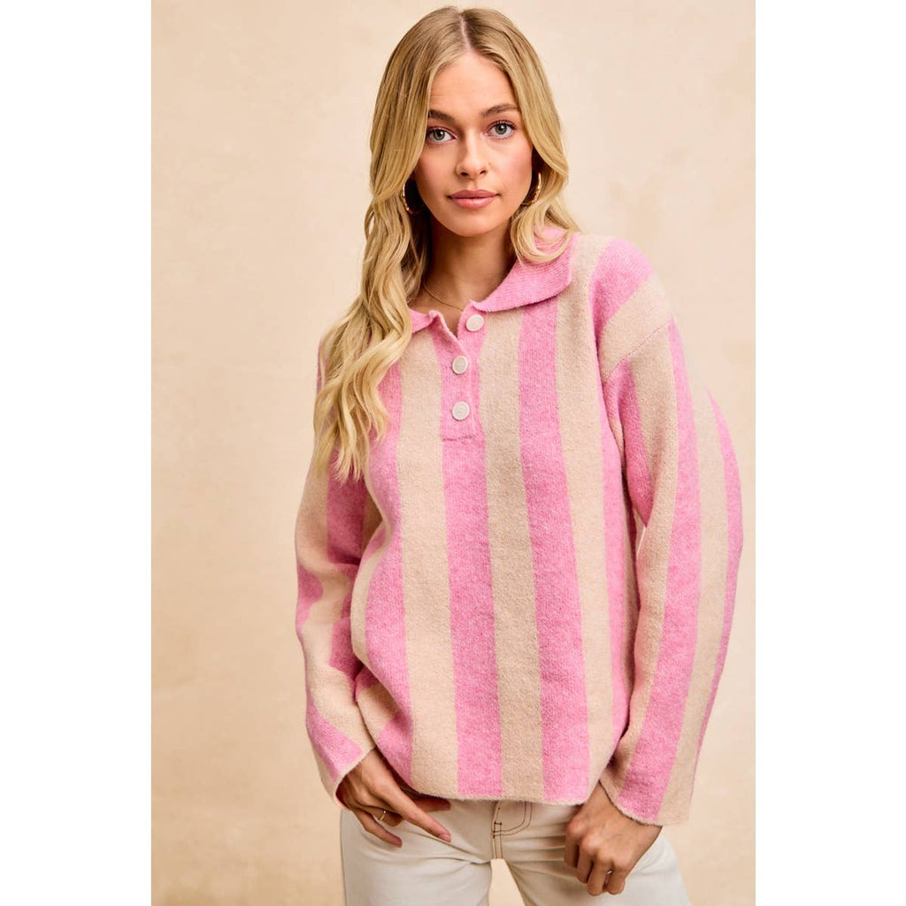 BiBi - STRIPED SWEATER TOP WITH FRONT BUTTONED