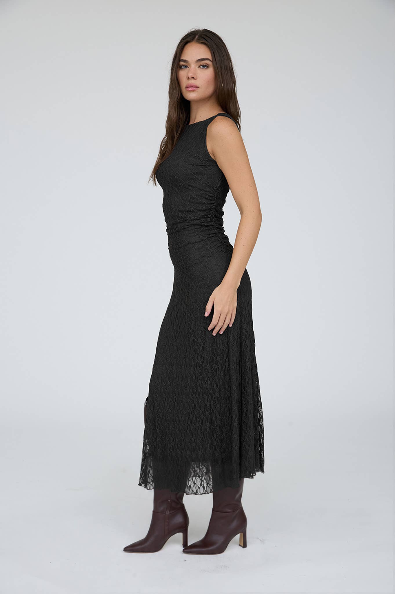 LACE RUCHED DETAIL TANK MIDI DRESS