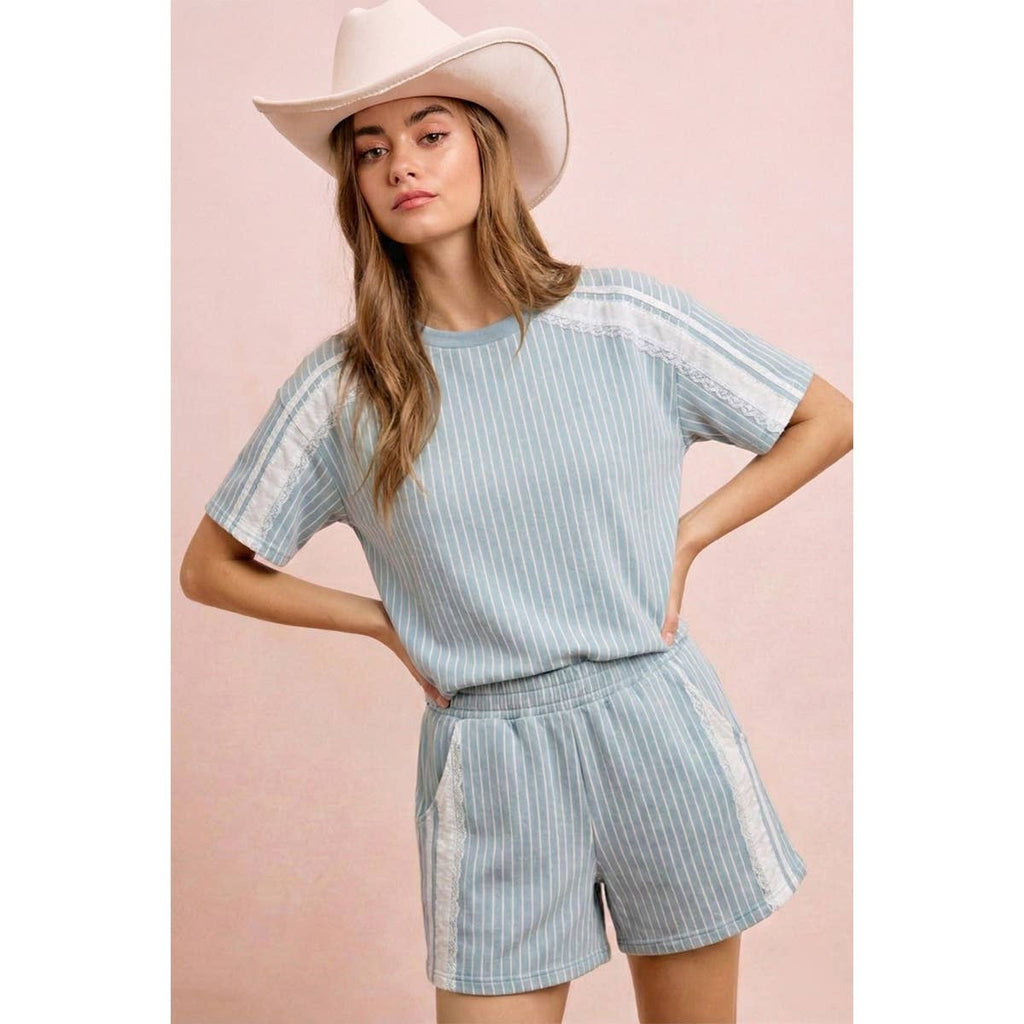 BiBi - STRIPES DENIM LACE CONTRAST SHORT SWEATSHIRT TOP