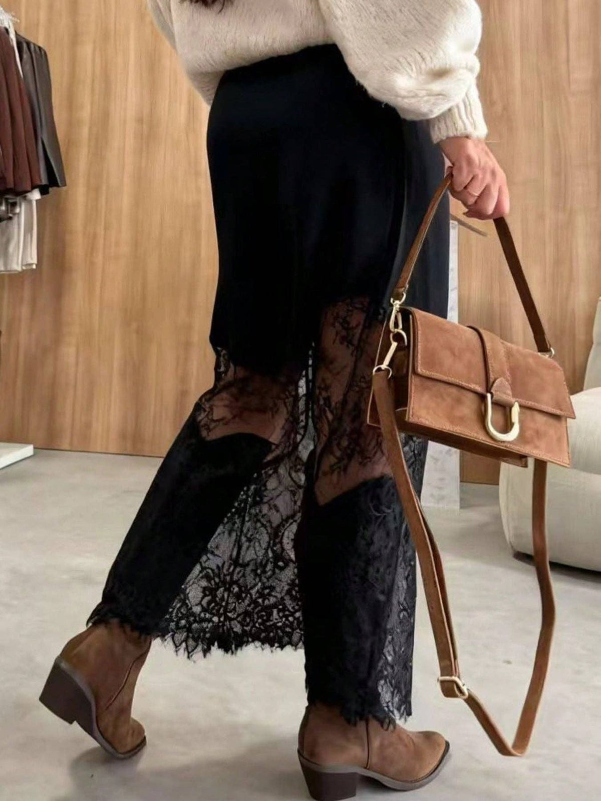Suhkasana - Women Satin Lace Patchwork Midi Skirt Bodycon