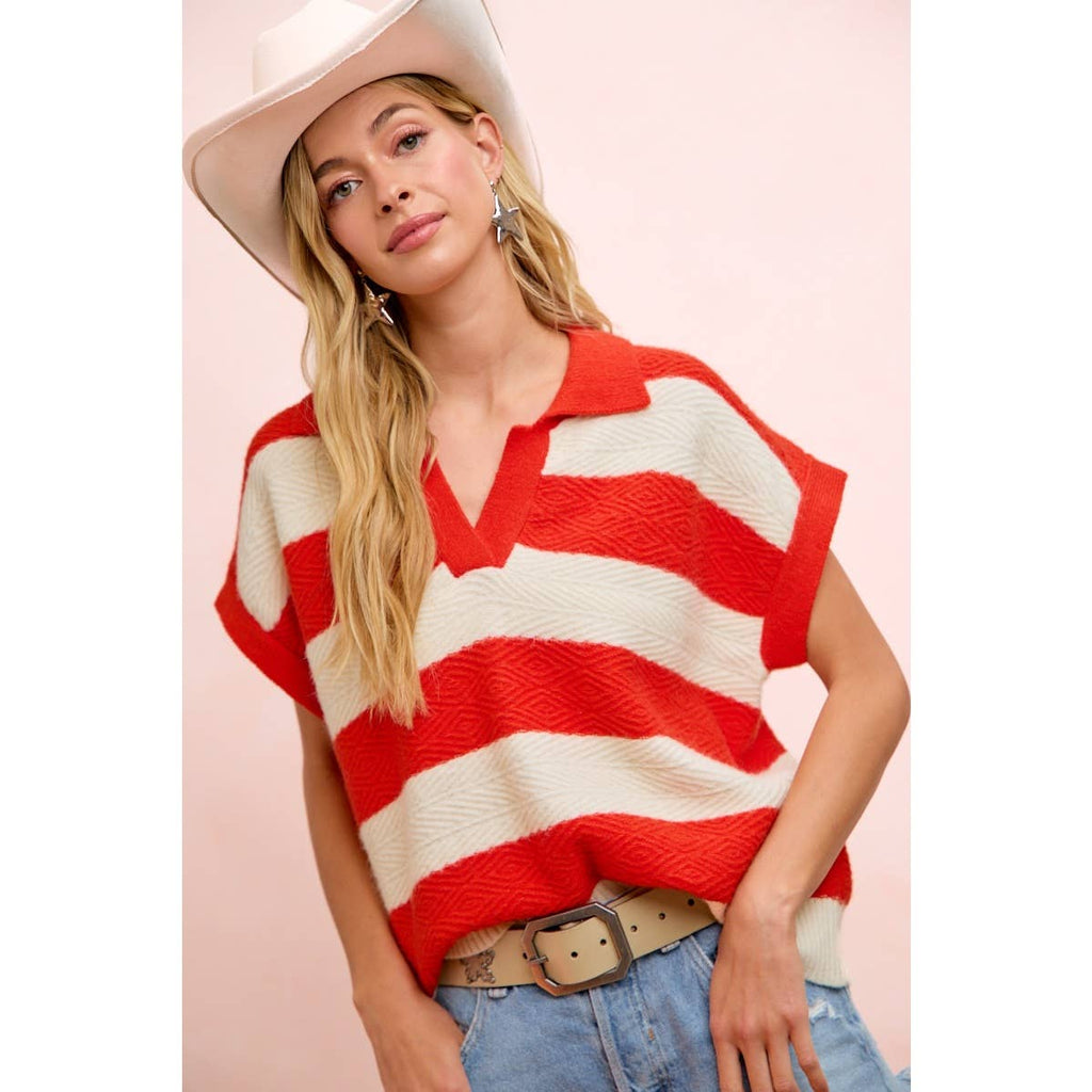 BiBi - TEXTURED STRIPE V NECKLINE RELAXED FIT KNIT TOP