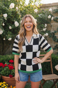 Black and White Checkered Knit Polo Sweater Top