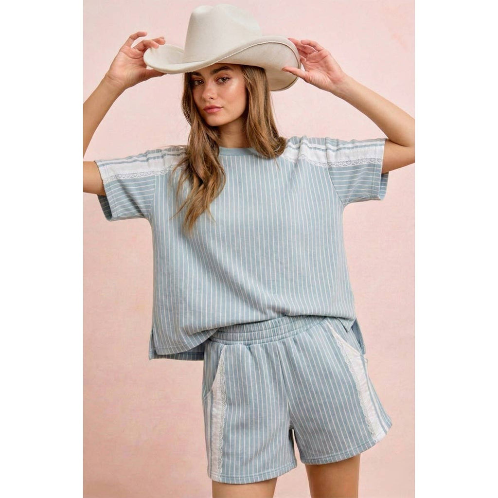 BiBi - STRIPES DENIM LACE CONTRAST SHORT SWEATSHIRT TOP