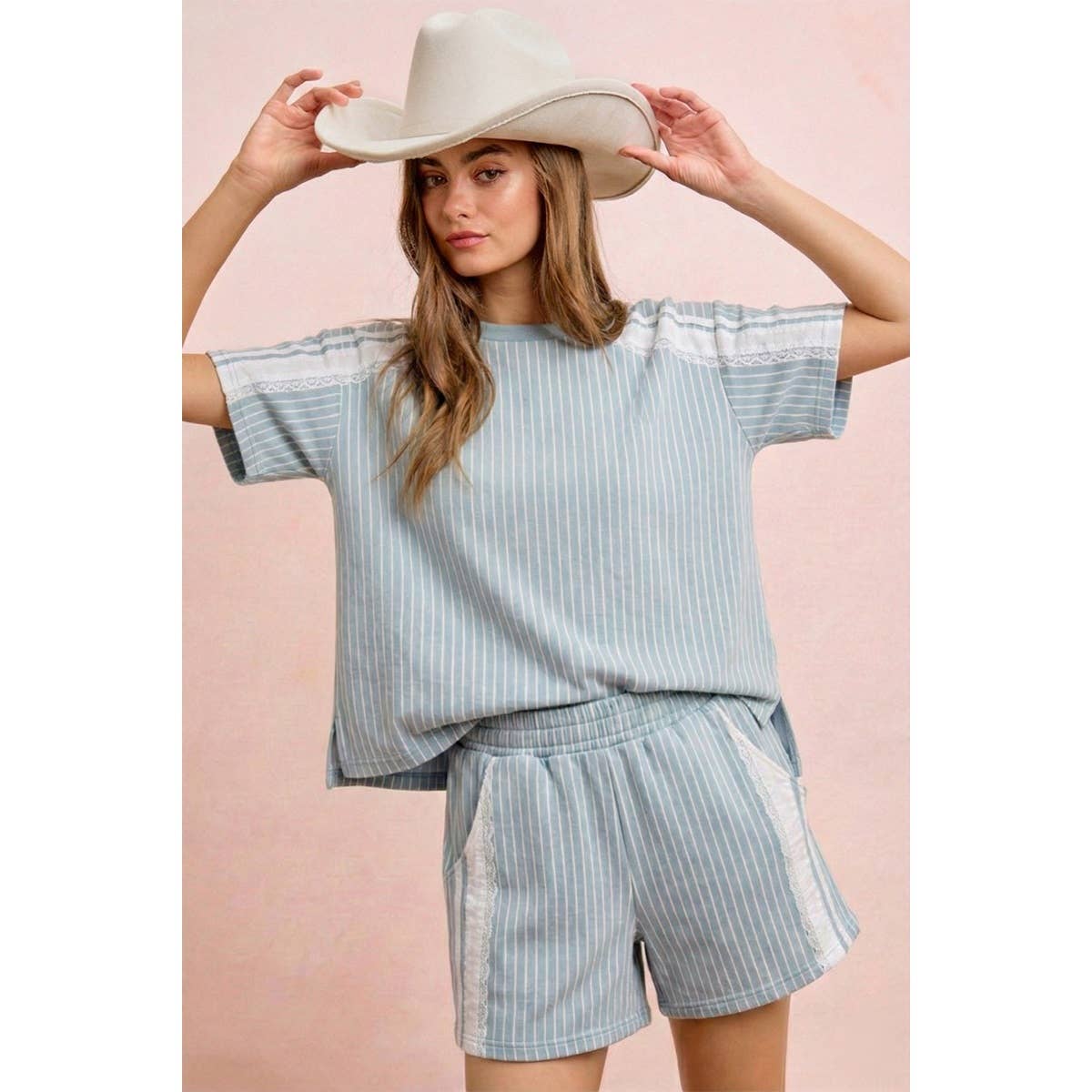 BiBi - STRIPES DENIM LACE CONTRAST SHORT SWEATSHIRT TOP