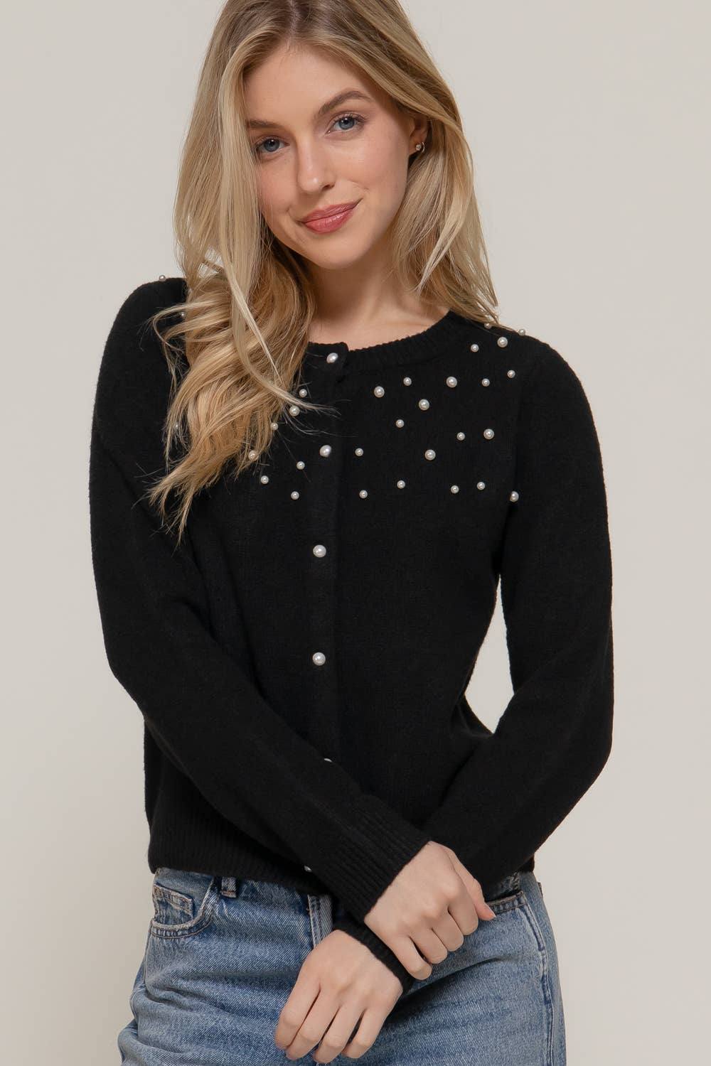 Active Basic | Active USA - Long Sleeve Round Neck Pearl Embellished Sweater Cardigan