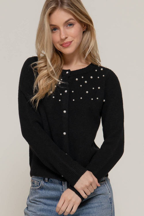 Active Basic | Active USA - Long Sleeve Round Neck Pearl Embellished Sweater Cardigan