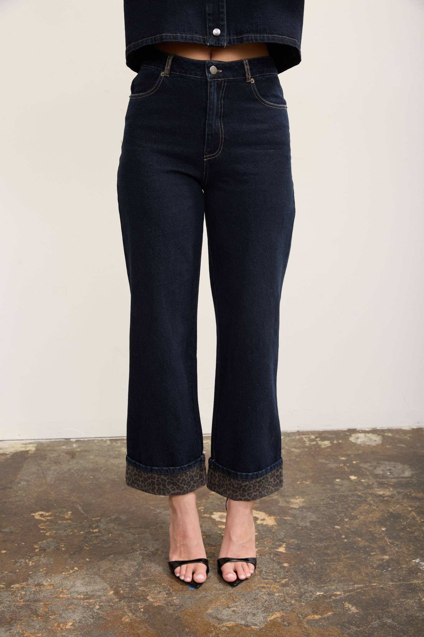 LEOPARD CUFF DETAIL WIDE LEG DENIM JEANS