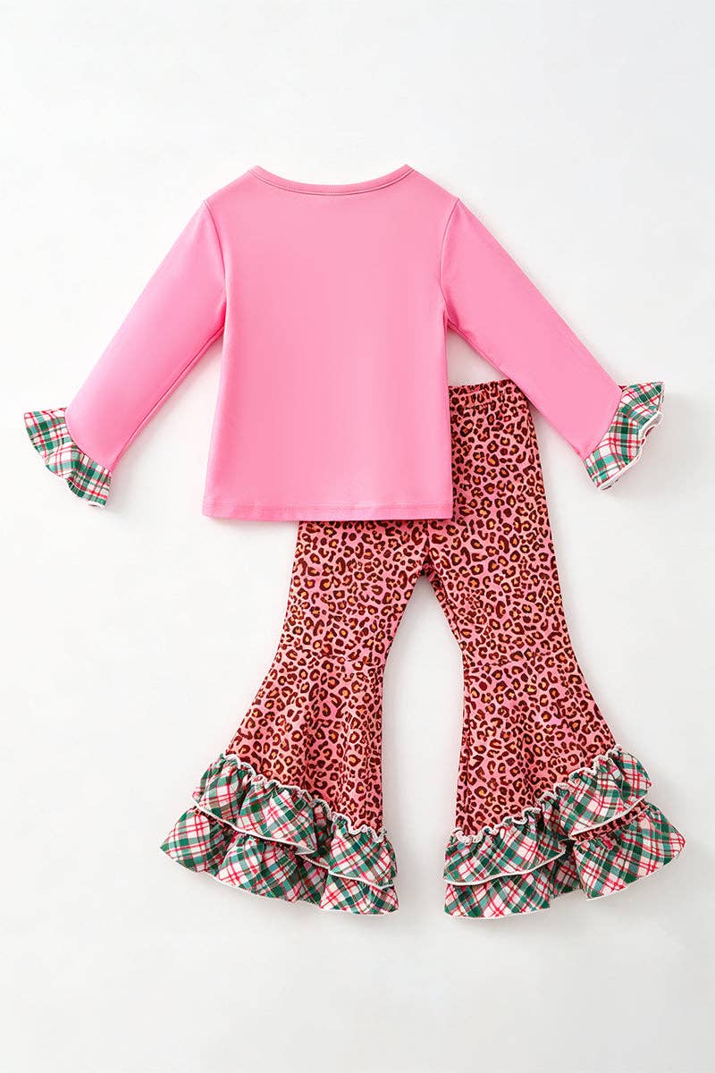 Kids Charm Online - Santa printed on pink long sleeve top and animal printed bottoms w/green ruffle plaid. OFG62999 MON