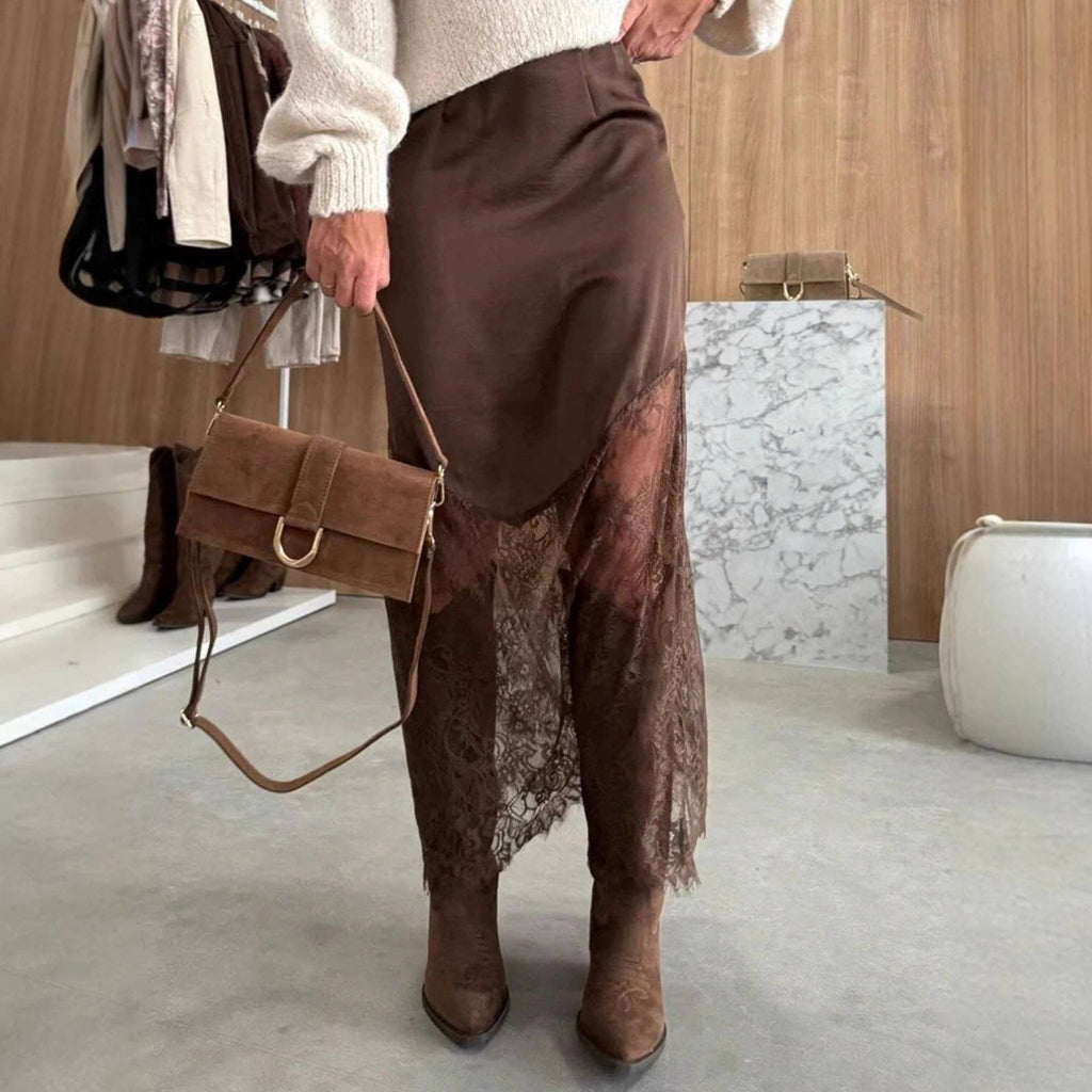 Suhkasana - Women Satin Lace Patchwork Midi Skirt Bodycon