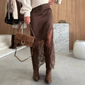 Suhkasana - Women Satin Lace Patchwork Midi Skirt Bodycon