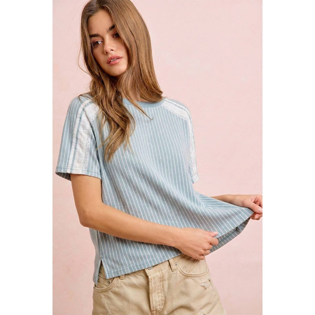 BiBi - STRIPES DENIM LACE CONTRAST SHORT SWEATSHIRT TOP