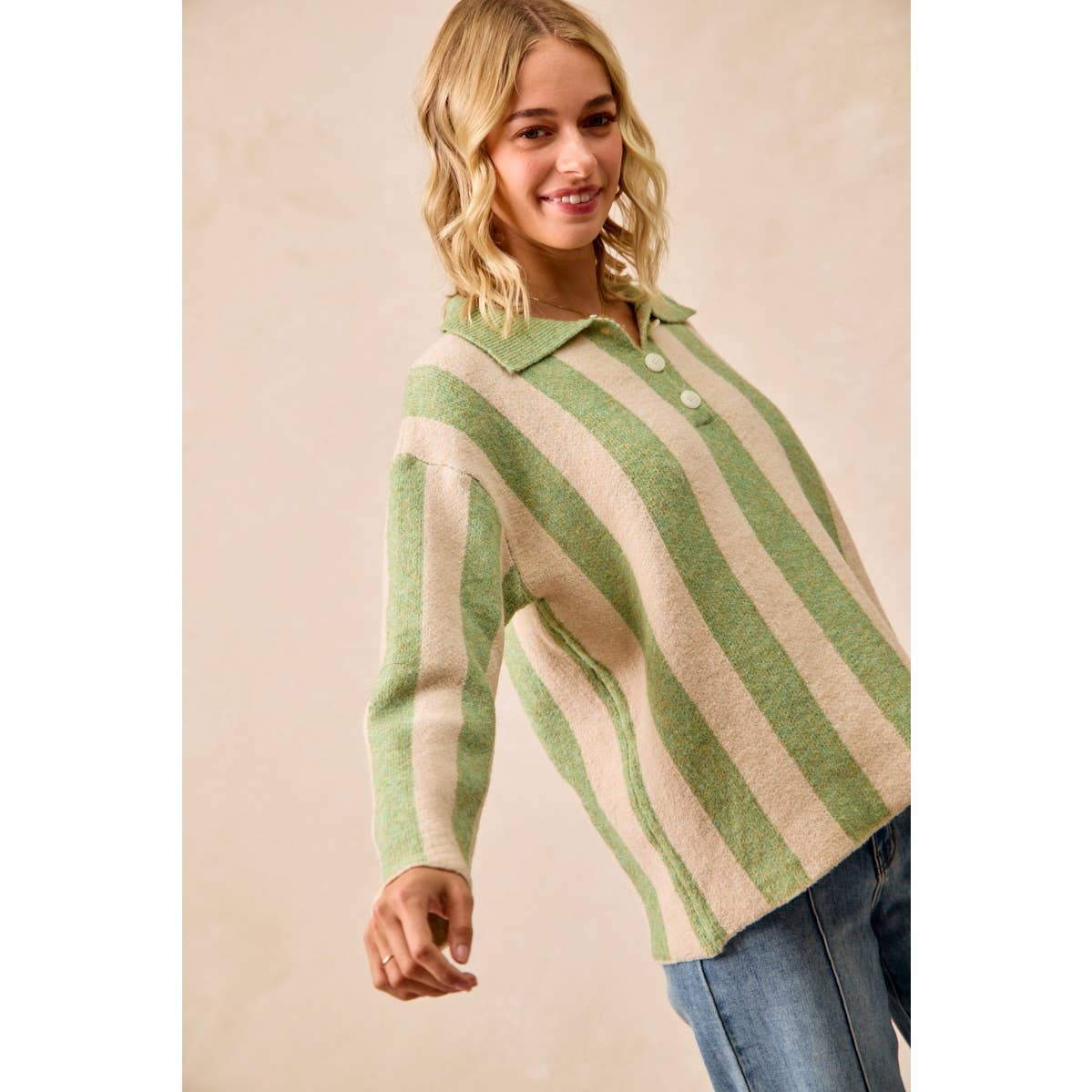BiBi - STRIPED SWEATER TOP WITH FRONT BUTTONED