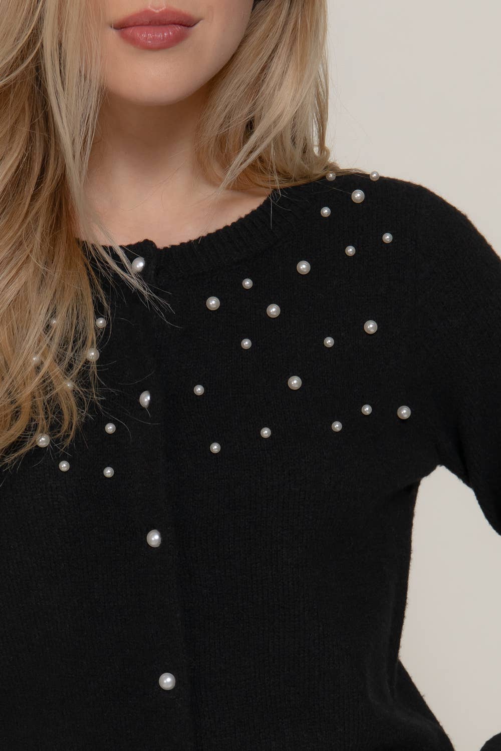 Active Basic | Active USA - Long Sleeve Round Neck Pearl Embellished Sweater Cardigan