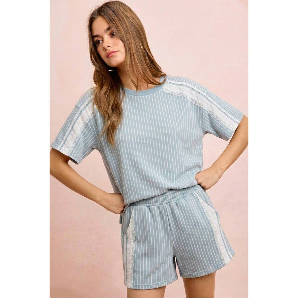 BiBi - STRIPES DENIM LACE CONTRAST SHORT SWEATSHIRT TOP