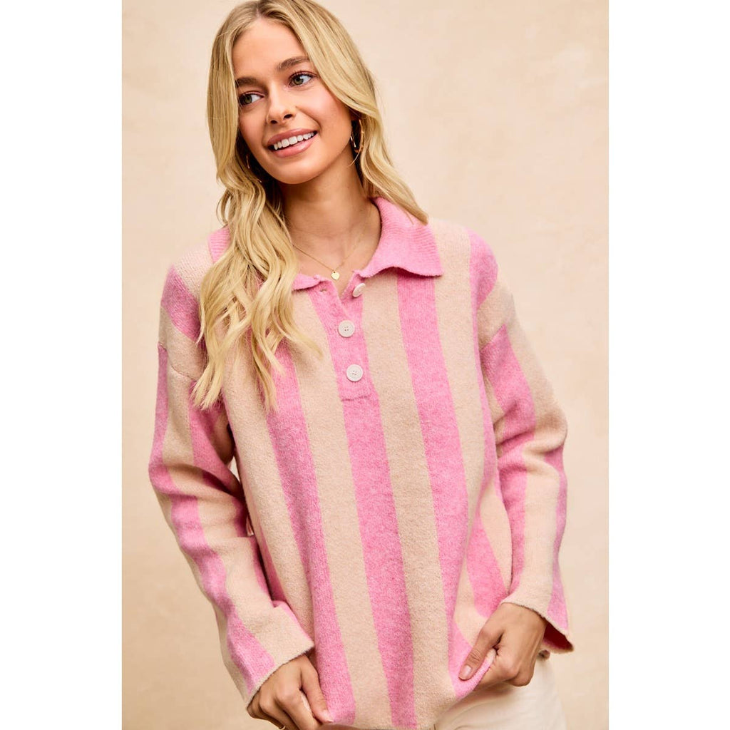 BiBi - STRIPED SWEATER TOP WITH FRONT BUTTONED