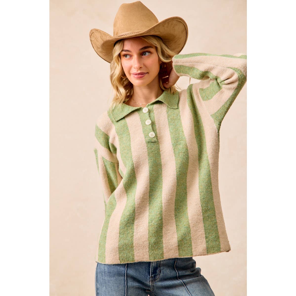 BiBi - STRIPED SWEATER TOP WITH FRONT BUTTONED
