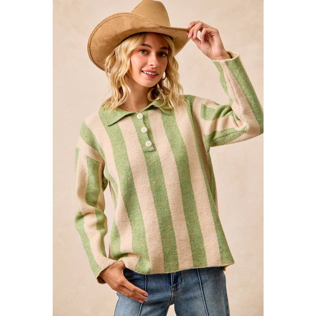 BiBi - STRIPED SWEATER TOP WITH FRONT BUTTONED