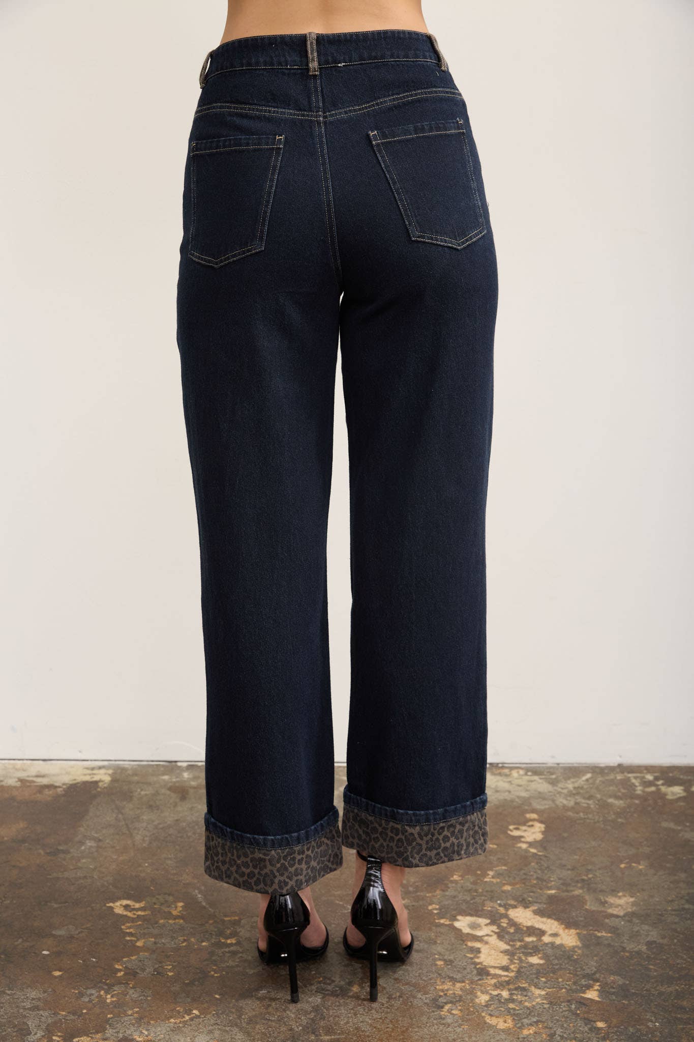 LEOPARD CUFF DETAIL WIDE LEG DENIM JEANS