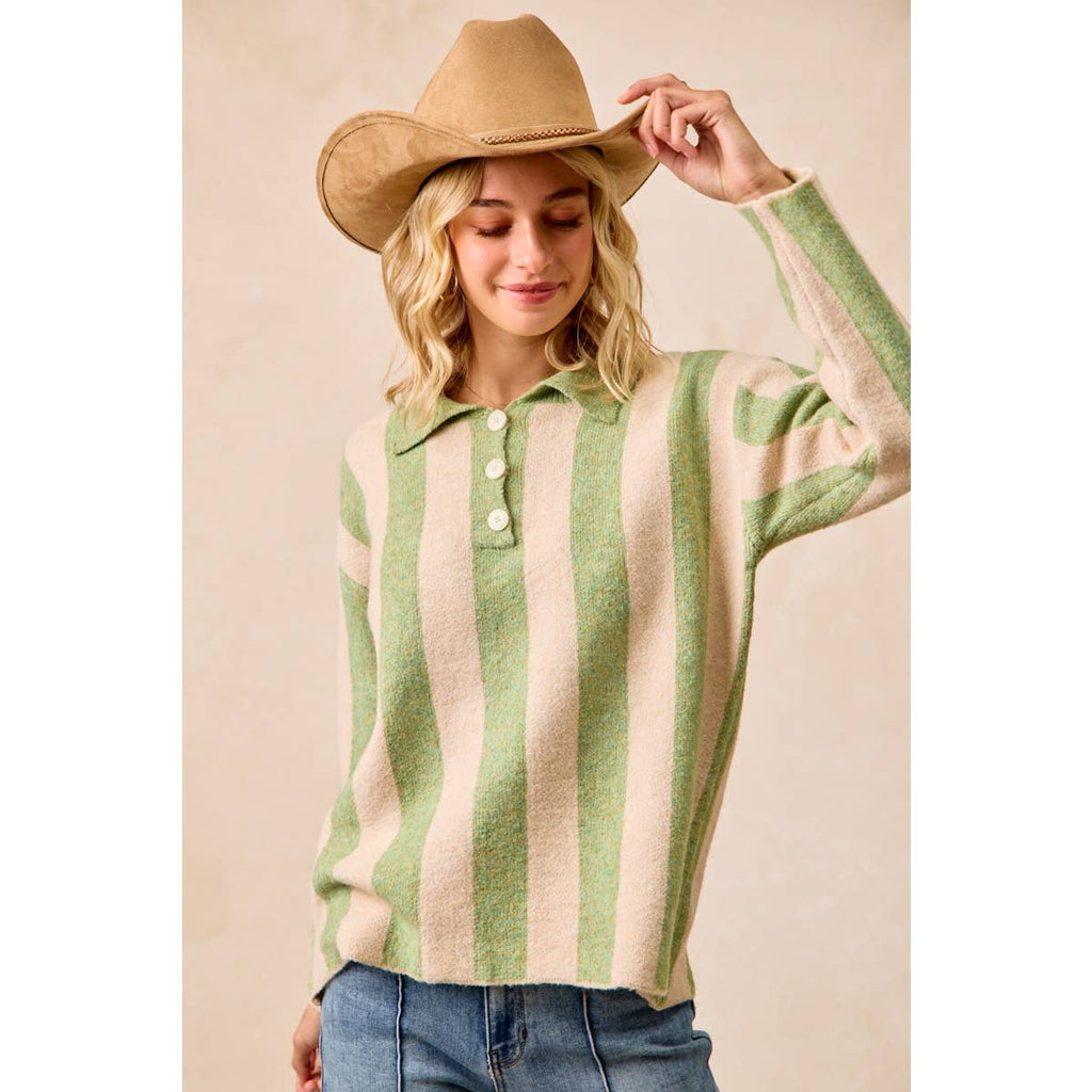 BiBi - STRIPED SWEATER TOP WITH FRONT BUTTONED