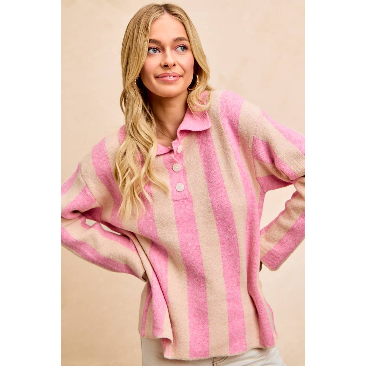 BiBi - STRIPED SWEATER TOP WITH FRONT BUTTONED