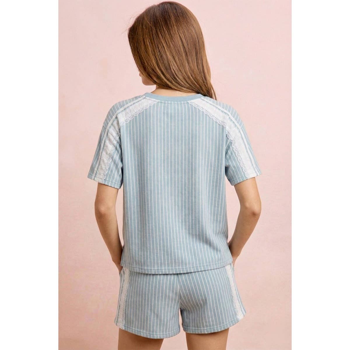BiBi - STRIPES DENIM LACE CONTRAST SHORT SWEATSHIRT TOP