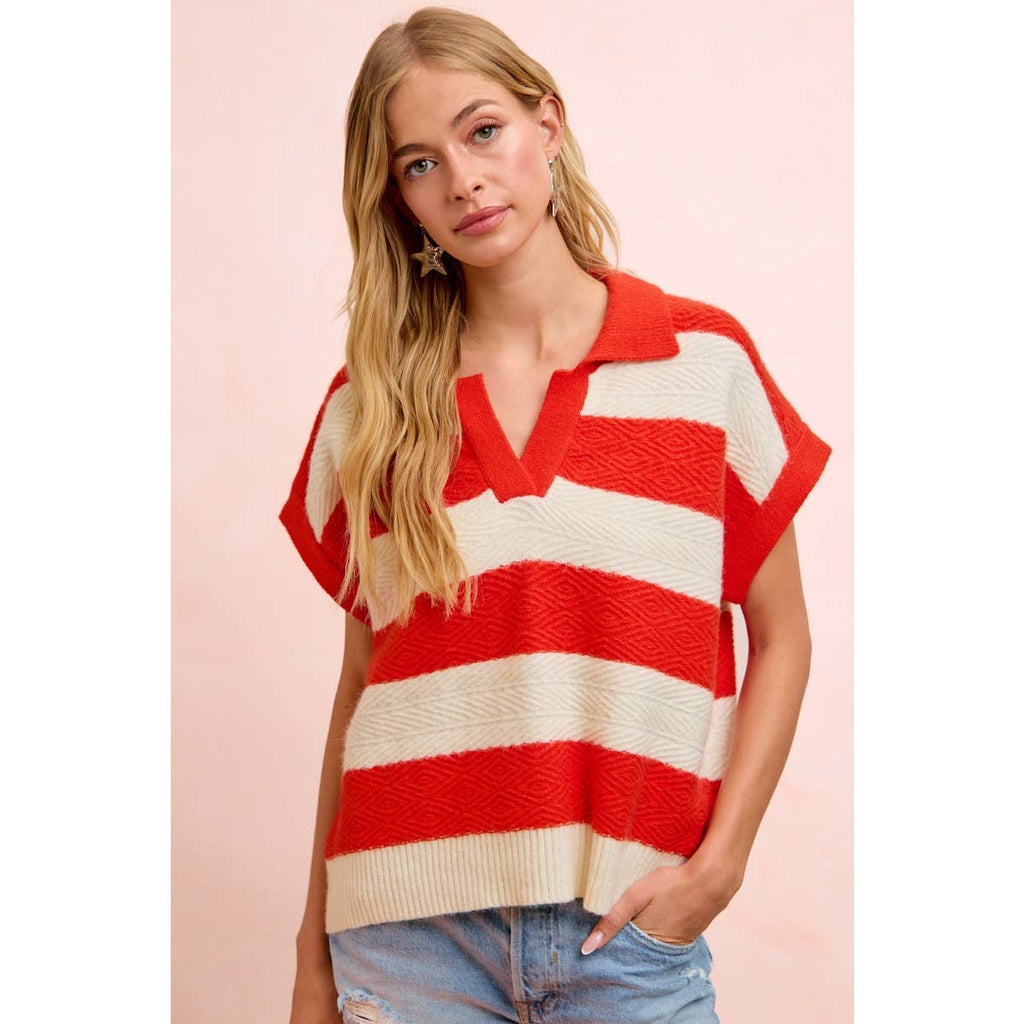 BiBi - TEXTURED STRIPE V NECKLINE RELAXED FIT KNIT TOP