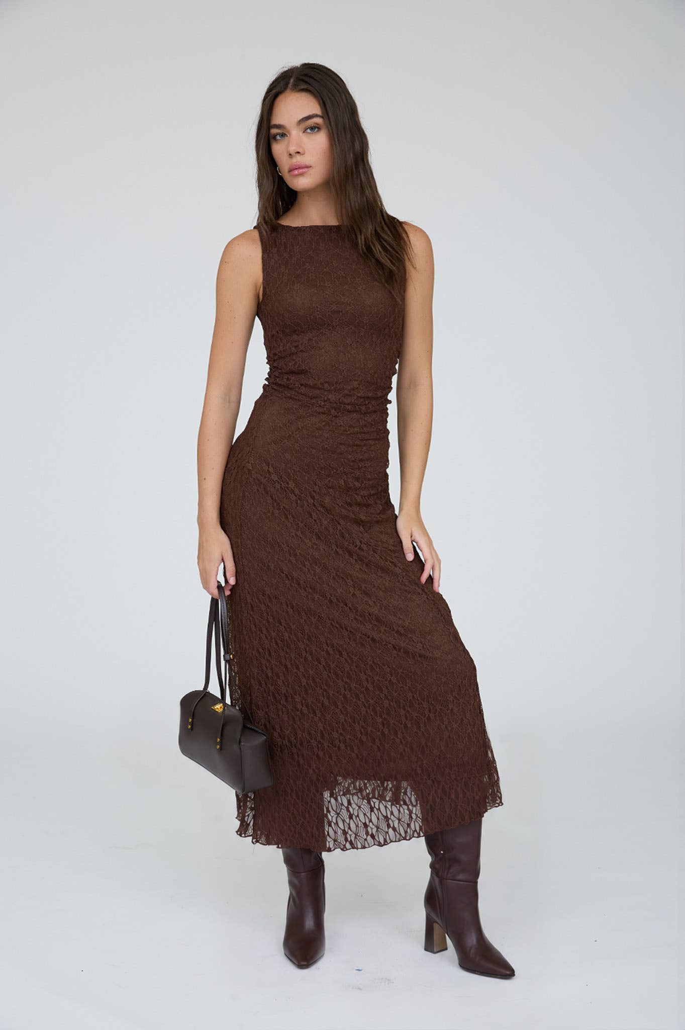 LACE RUCHED DETAIL TANK MIDI DRESS