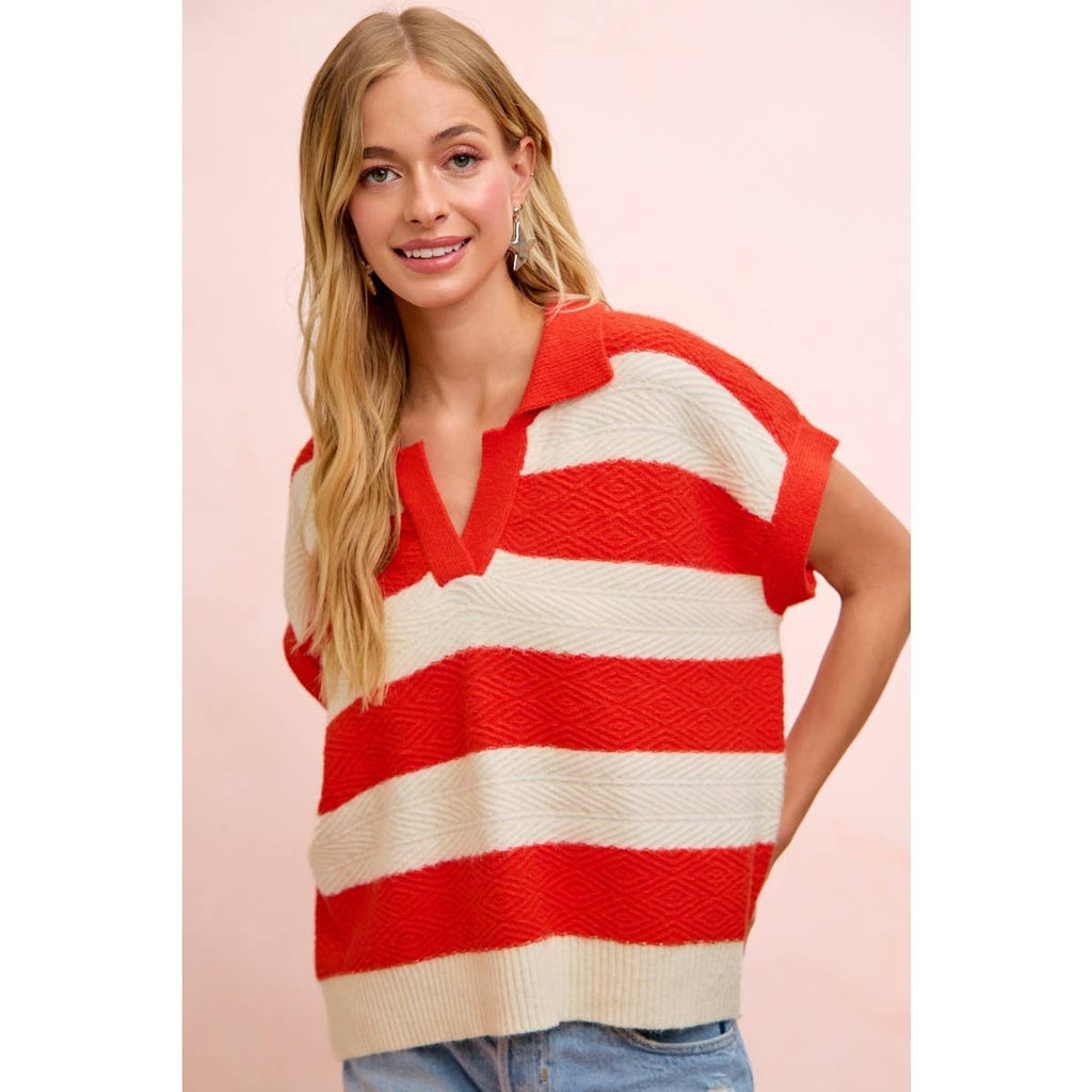 BiBi - TEXTURED STRIPE V NECKLINE RELAXED FIT KNIT TOP