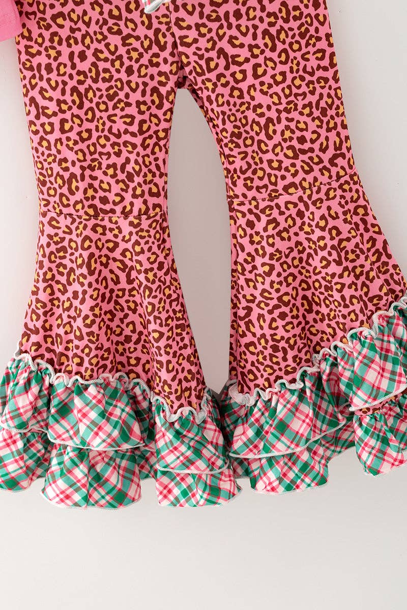 Kids Charm Online - Santa printed on pink long sleeve top and animal printed bottoms w/green ruffle plaid. OFG62999 MON